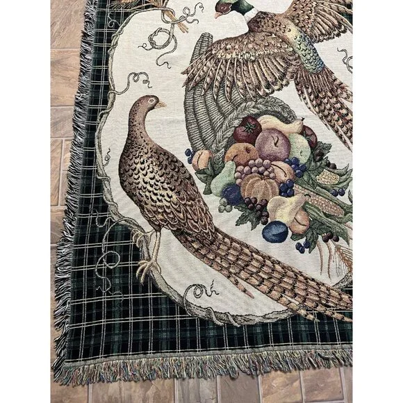 Vtg Tapestry Throw 52x68 Pheasant Cornucopia Harvest Cabin Lodge Fringe Blanket - Picture 9 of 13